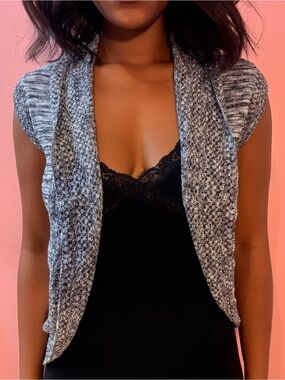 y2k Gray Open-Front Knit Short-Sleeve Cardigan